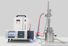 Load image into Gallery viewer, stainless steel jacketed beaker used with the BSP-1200 ultrasonic processor configured in the batch mode