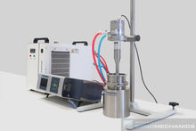 Load image into Gallery viewer, stainless steel jacketed beaker used with the BSP-1200 ultrasonic processor configured in the batch mode, side view
